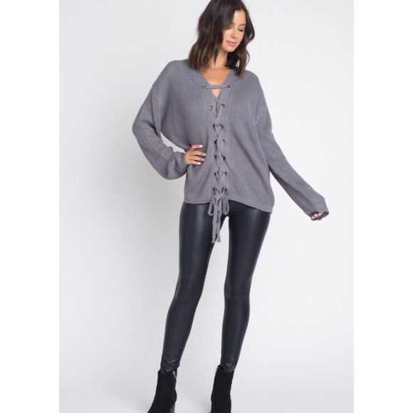 LAST 1 //  ‘LESLIE’ Gray Lace-Up Sweater - Picture 2 of 2